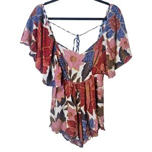 Farm Rio‎ XS/S Red Floral Romper Flutter Sleeve Tie Back Ruffle Hem Boho Resort